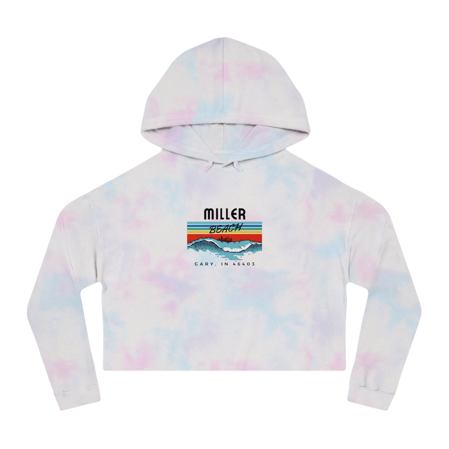 Introducing the Miller Beach Surf Women's Cropped Hooded Sweatshirt by Printify, a white personalized hoodie featuring a pastel tie-dye pattern. The front showcases a bold "Miller Beach" graphic above "Gary, IN" on a vibrant striped background with stylized mountains and waves. This long-sleeve hoodie comes in a trendy cropped style complete with a drawstring hood.