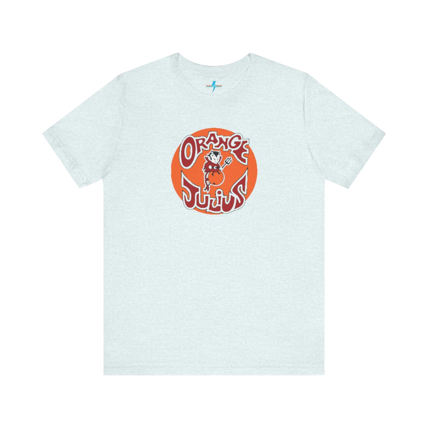 The Orange Julius 1980's Logo Unisex Jersey Style T-Shirt from Printify boasts a light gray color and features a vintage-style graphic. The design showcases the text "Orange Julius" in a stylized font within an orange circle, along with a small cartoon character holding a drink at the center—a nostalgic nod to timeless refreshment.