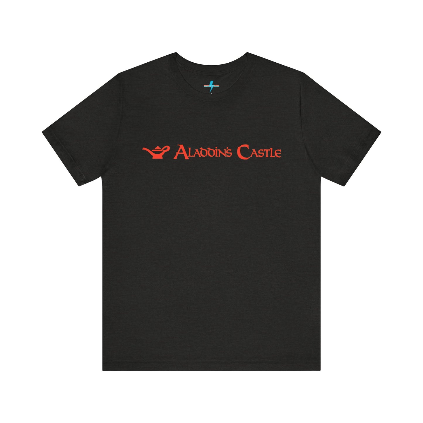 Introducing the Aladdin's Castle Arcade 1980s Unisex Jersey Short Sleeve Tee by Printify. This dark grey heather T-shirt features "ALADDIN'S CASTLE" emblazoned in bright red font across the chest, with a small silhouette of Aladdin's magic lamp to the left of the text. Perfect for fans of retro design or Aladdin’s Castle Arcade, and available exclusively from SoCool Shirts.