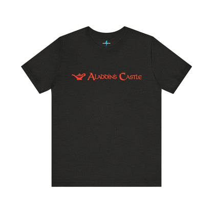 Introducing the Aladdin's Castle Arcade 1980s Unisex Jersey Short Sleeve Tee by Printify. This dark grey heather T-shirt features "ALADDIN'S CASTLE" emblazoned in bright red font across the chest, with a small silhouette of Aladdin's magic lamp to the left of the text. Perfect for fans of retro design or Aladdin’s Castle Arcade, and available exclusively from SoCool Shirts.