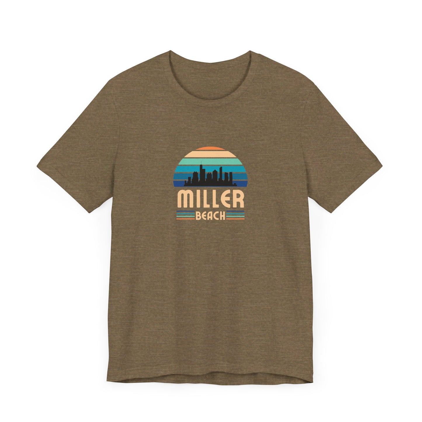 A brown unisex jersey short sleeve tee called "Miller Beach Chicago Skyline" from Printify features a vintage-style design with a sunset, the Chicago skyline, and "Miller Beach" in bold letters. The design incorporates shades of blue, orange, and yellow and is displayed against a plain white background.