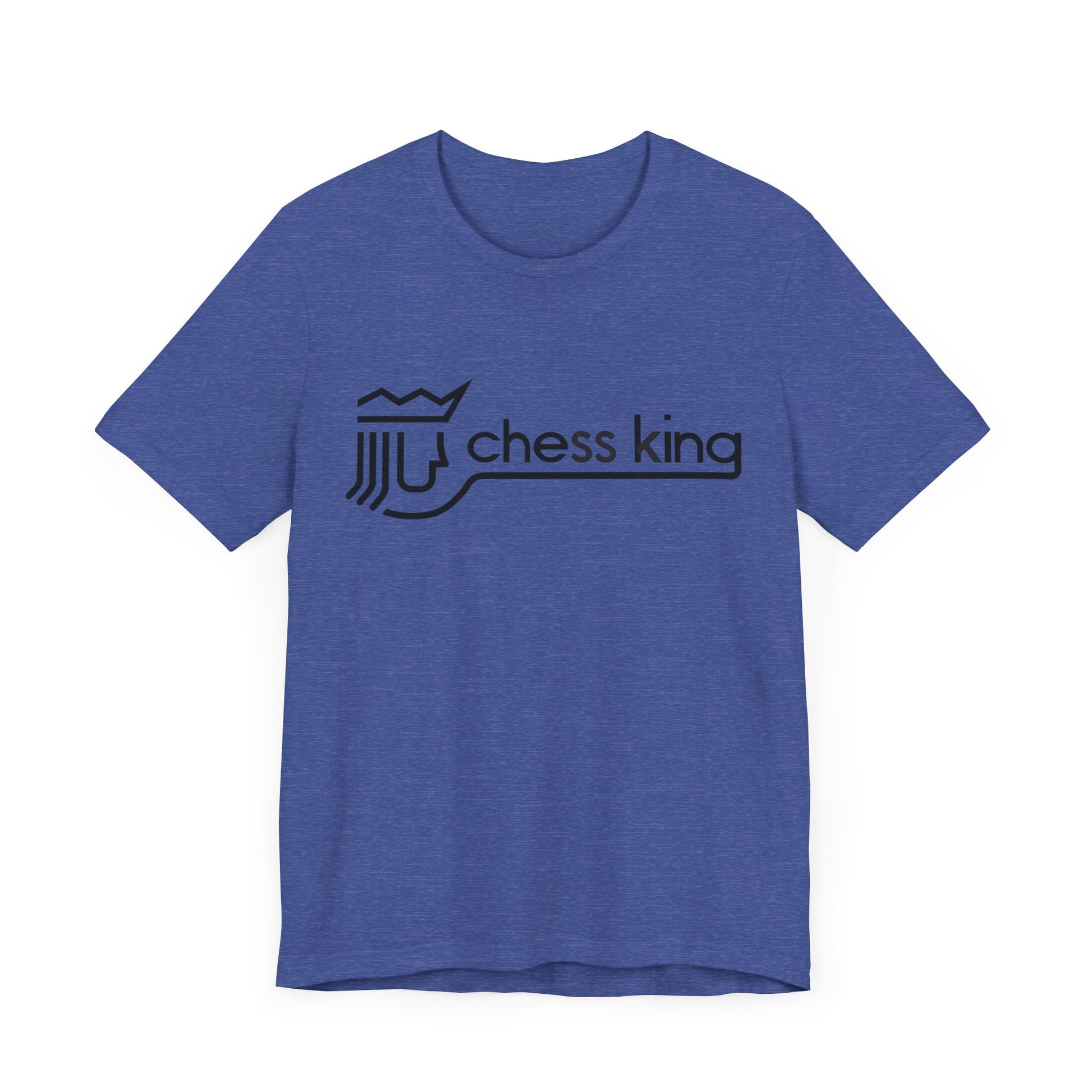 A unisex jersey short sleeve tee from Printify, featuring the Chess King 1980's Clothing Store Logo with a black, stylized king chess piece and the words "Chess King" on a blue background, reminiscent of retro 80s fashion.