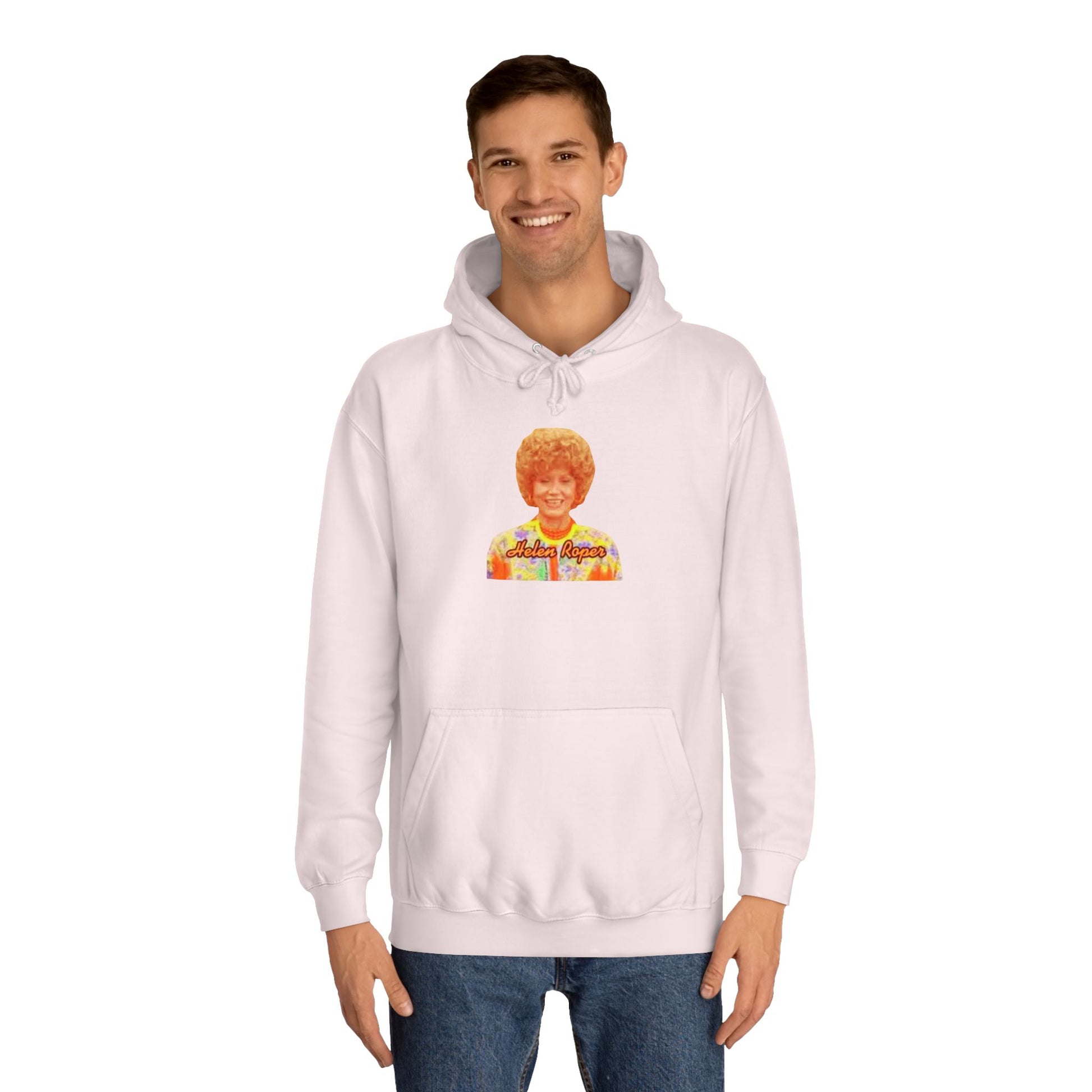 This Helen Roper - Three's Company unisex hoodie by Printify features a lively graphic of a woman with curly hair in a vibrant, patterned outfit. The elegantly scripted text "Mother Rogers" beneath her adds a vintage fashion flair to any wardrobe.