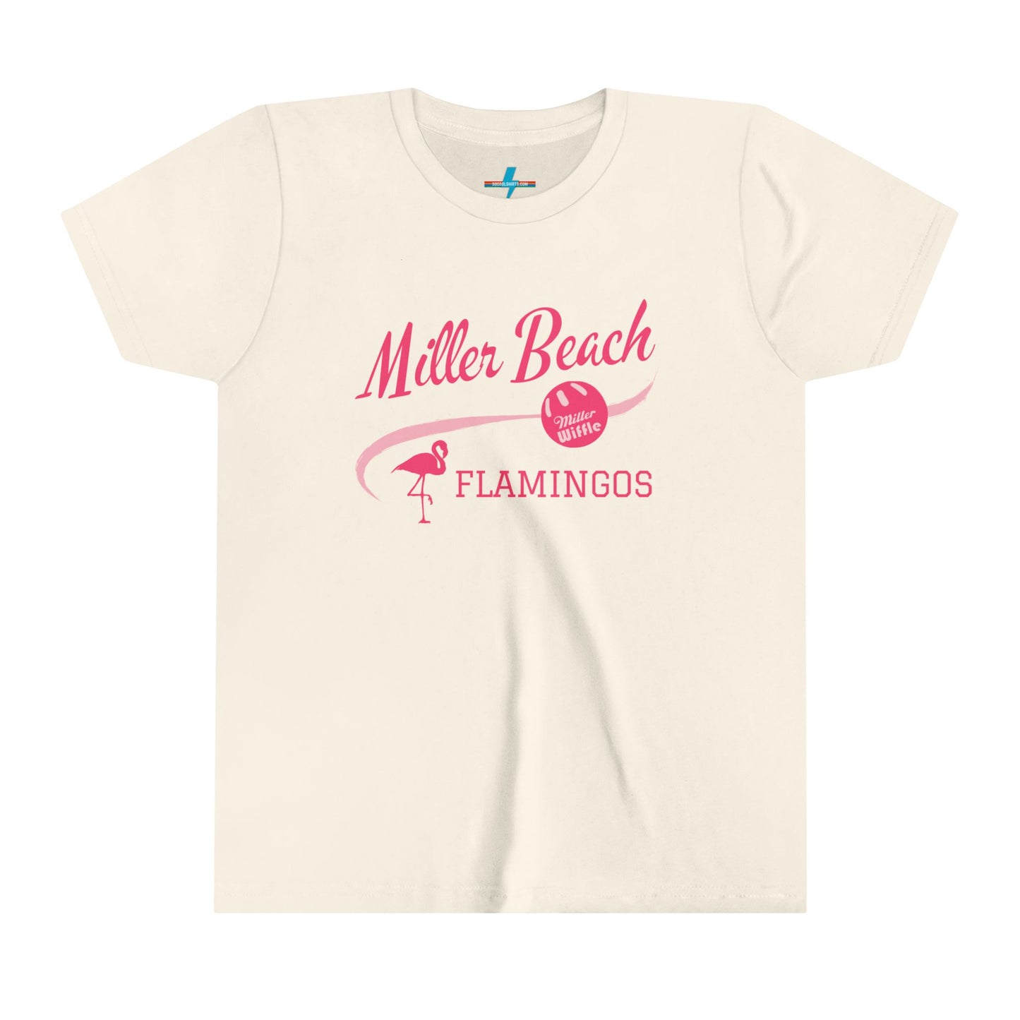 The Printify Miller Beach Flamingos WWBC - Youth Short Sleeve Tee is a fun, beach-themed pink T-shirt featuring "Miller Beach Flamingos" in bold pink script at the top. It includes a flamingo graphic on the left with the text "FLAMINGOS," and a pink beach ball on the right with "Oh What Fun!" written inside. Perfect for youthful custom wear.