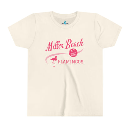 The Printify Miller Beach Flamingos WWBC - Youth Short Sleeve Tee is a fun, beach-themed pink T-shirt featuring "Miller Beach Flamingos" in bold pink script at the top. It includes a flamingo graphic on the left with the text "FLAMINGOS," and a pink beach ball on the right with "Oh What Fun!" written inside. Perfect for youthful custom wear.