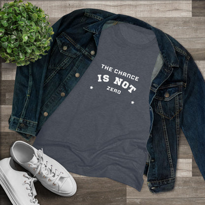 Printify's dark gray "The Chance is Not Zero - Women's Triblend Tee," made from a premium triple fabric blend, showcases inspiring text in white on the front, flanked by two small stars. It’s perfect as a daily motivational reminder.