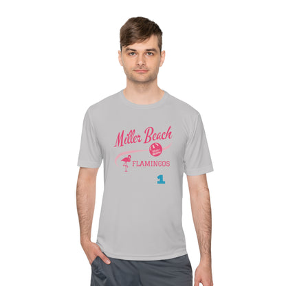 Introducing the "Miller Beach Flamingos - Jackson 01" Unisex Moisture Wicking Tee by Printify. This beige T-shirt showcases "Miller Beach" in a pink cursive font accompanied by a small pink flamingo illustration. Below, "FLAMINGOS" is displayed in bold pink capital letters, with a blue "01" on the bottom right corner. As part of the Sport-Tek PosiCharge Competitor collection, this lightweight shirt provides superior moisture-wicking performance.