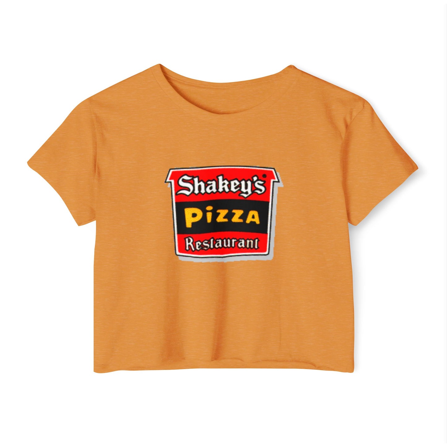 The Shakey's Pizza - Women's Festival Crop Top from Printify is a light blue garment that proudly displays the iconic Shakey's Pizza logo on the chest. Featuring retro-style red and black signage with text in white, yellow, and red that reads "Shakey's Pizza Restaurant," this crop top exudes a vintage-inspired charm.