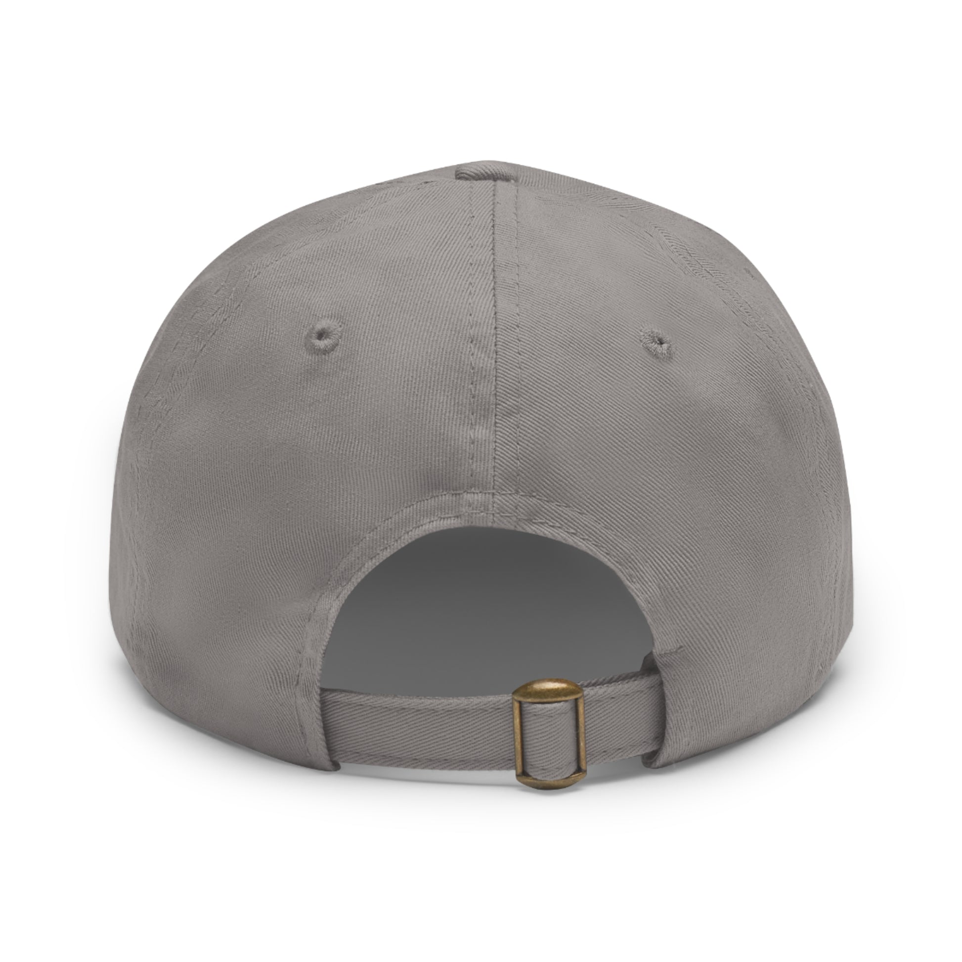 The Printify Dad Hat with Leather Patch (Rectangle) is a black, six-panel low-profile baseball cap made from bio-washed chino twill. This personalized Dad hat features a curved brim, visible stitching details, and a rectangular leather patch on the front that reads "I'm good I'm a pro" in grey text.