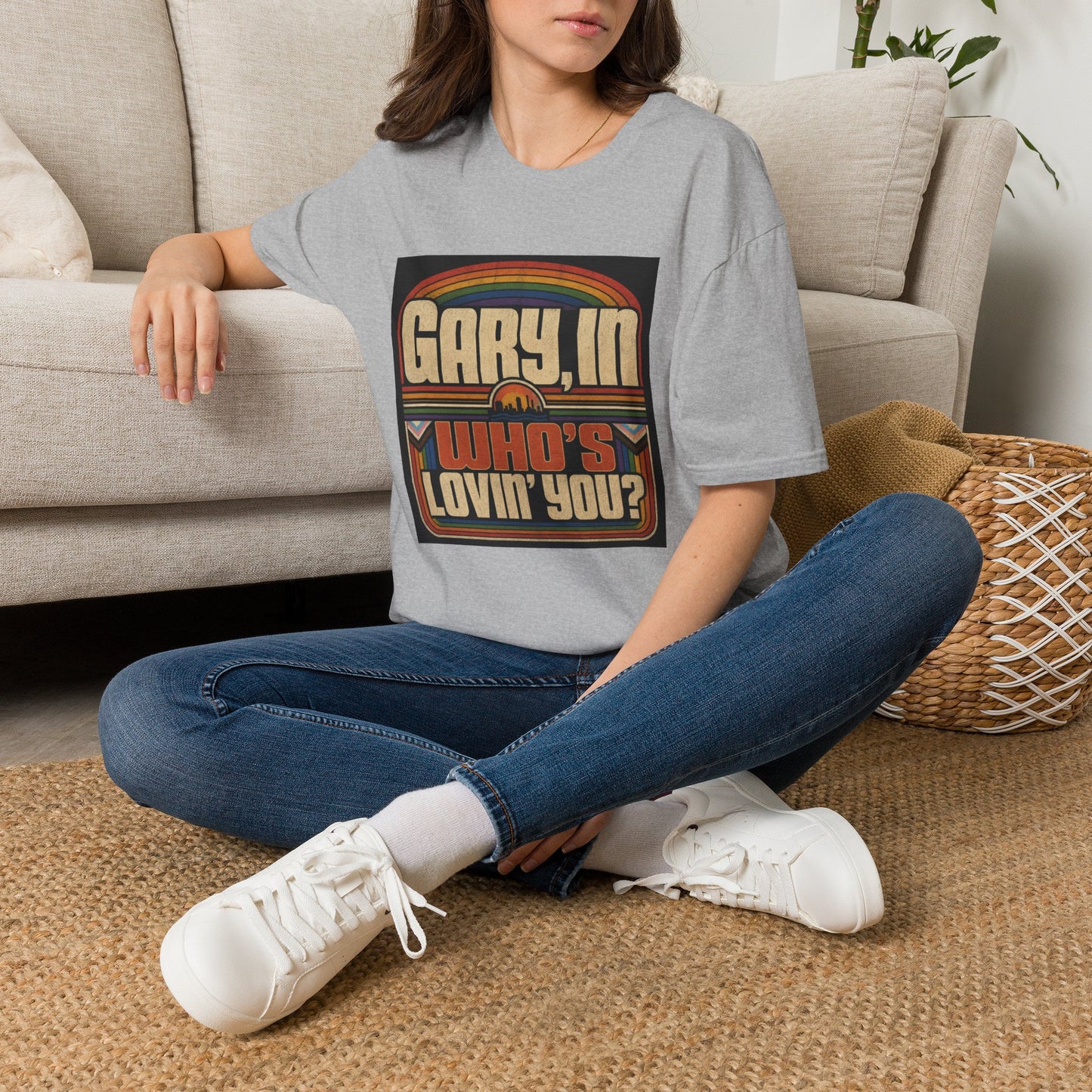T-Shirt — "Gary, I'm Who's Lovin' You?" Retro Rainbow Design - Pride Month