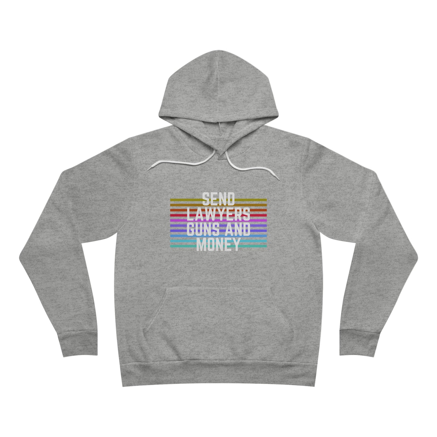 The Printify "Send Lawyers, Guns, and Money - Hoodie" is a maroon top featuring the text "SEND LAWYERS GUNS AND MONEY" in white, set against horizontal rainbow stripes. Crafted from premium Airlume cotton, this hoodie offers both comfort and style with its front pocket and white drawstrings.