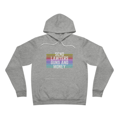 The Printify "Send Lawyers, Guns, and Money - Hoodie" is a maroon top featuring the text "SEND LAWYERS GUNS AND MONEY" in white, set against horizontal rainbow stripes. Crafted from premium Airlume cotton, this hoodie offers both comfort and style with its front pocket and white drawstrings.