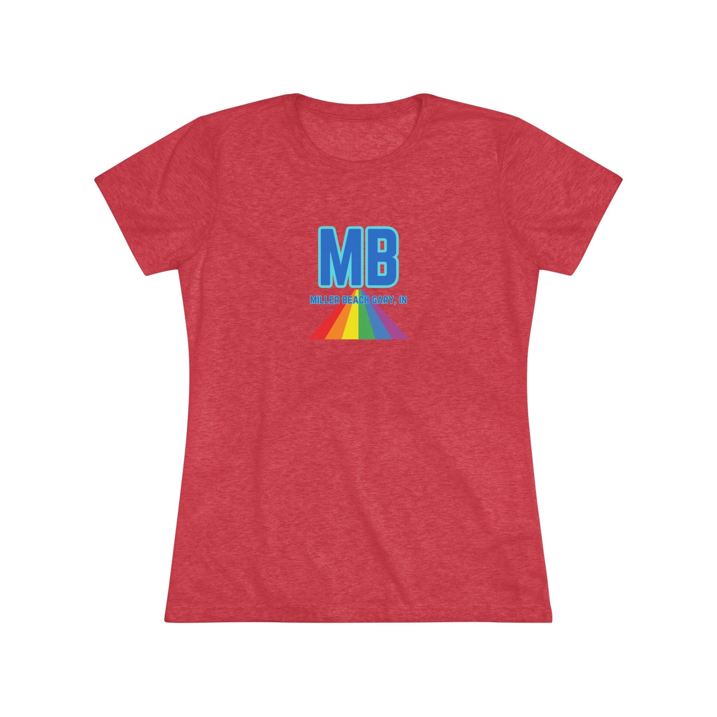 The Miller Beach Pride - Women's Triblend Tee by Printify is a dark gray, cozy t-shirt with a vintage look, featuring the text "MB" in large blue letters at the center. Below the letters, there is a rainbow-colored triangular design with "Millions & Binary, Inc." written in smaller text under the rainbow triangle.