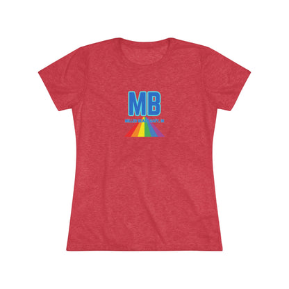 The Miller Beach Pride - Women's Triblend Tee by Printify is a dark gray, cozy t-shirt with a vintage look, featuring the text "MB" in large blue letters at the center. Below the letters, there is a rainbow-colored triangular design with "Millions & Binary, Inc." written in smaller text under the rainbow triangle.