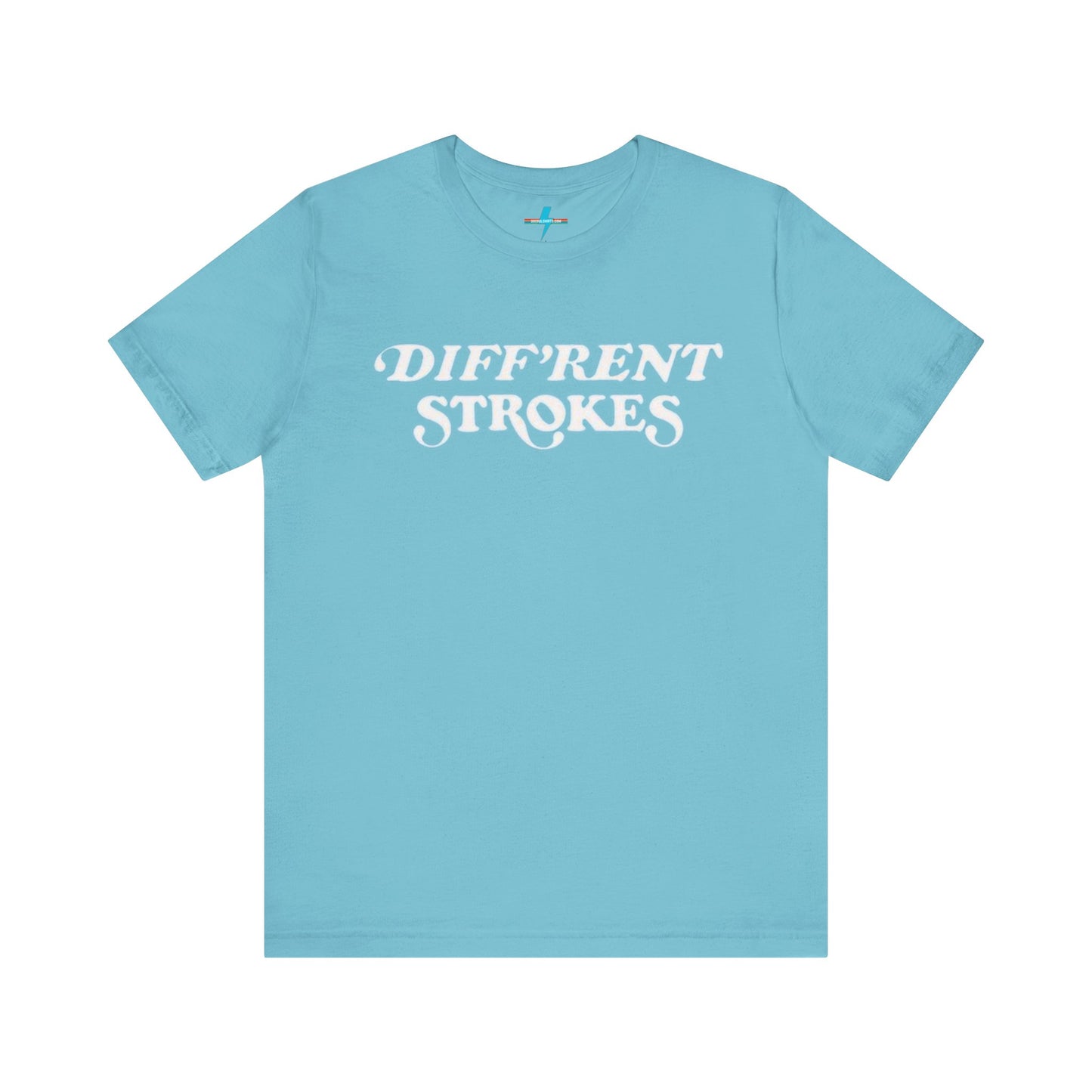 A burnt orange "Diff’Rent Strokes - Retro 1980s" unisex jersey short sleeve tee by Printify, featuring the phrase "DIFF'RENT STROKES" in bold, white cursive letters across the chest. The plain white backdrop perfectly showcases this nostalgic TV apparel.