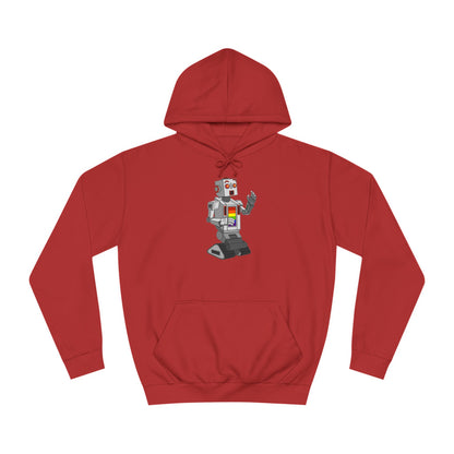 The Gay Robot - Unisex College Hoodie by Printify features a whimsical illustration of a nostalgic robot holding a smartphone. Inspired by Nick Swardson's comedic characters, the robot is grey with red and yellow highlights, balancing on one leg in its striking red design.