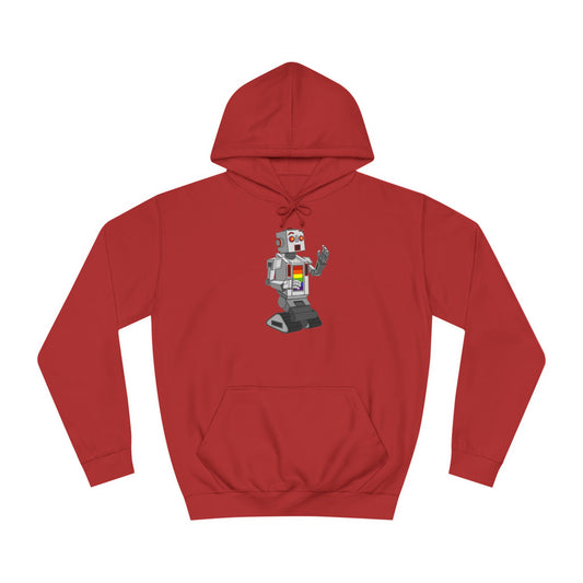 The Gay Robot - Unisex College Hoodie by Printify features a whimsical illustration of a nostalgic robot holding a smartphone. Inspired by Nick Swardson's comedic characters, the robot is grey with red and yellow highlights, balancing on one leg in its striking red design.