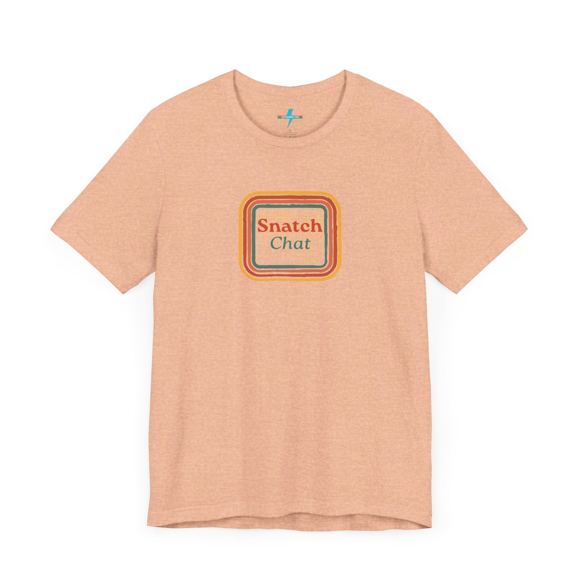 A light brown Snatch Chat - Unisex Jersey Short Sleeve Tee by Printify features the text "Snatch Chat" in the center, enclosed within a square composed of red, orange, yellow, and brown layers. This retro-designed tee is crafted from premium fabric and is showcased against a plain white background.