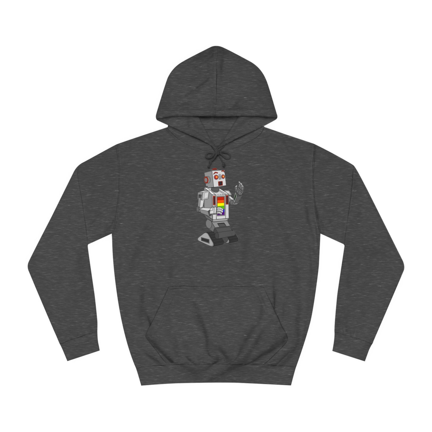 The Gay Robot - Unisex College Hoodie by Printify features a whimsical illustration of a nostalgic robot holding a smartphone. Inspired by Nick Swardson's comedic characters, the robot is grey with red and yellow highlights, balancing on one leg in its striking red design.