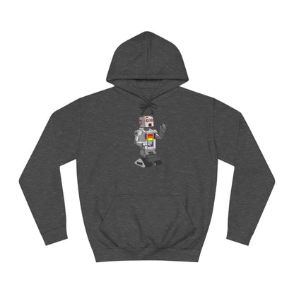 The Gay Robot - Unisex College Hoodie by Printify features a whimsical illustration of a nostalgic robot holding a smartphone. Inspired by Nick Swardson's comedic characters, the robot is grey with red and yellow highlights, balancing on one leg in its striking red design.