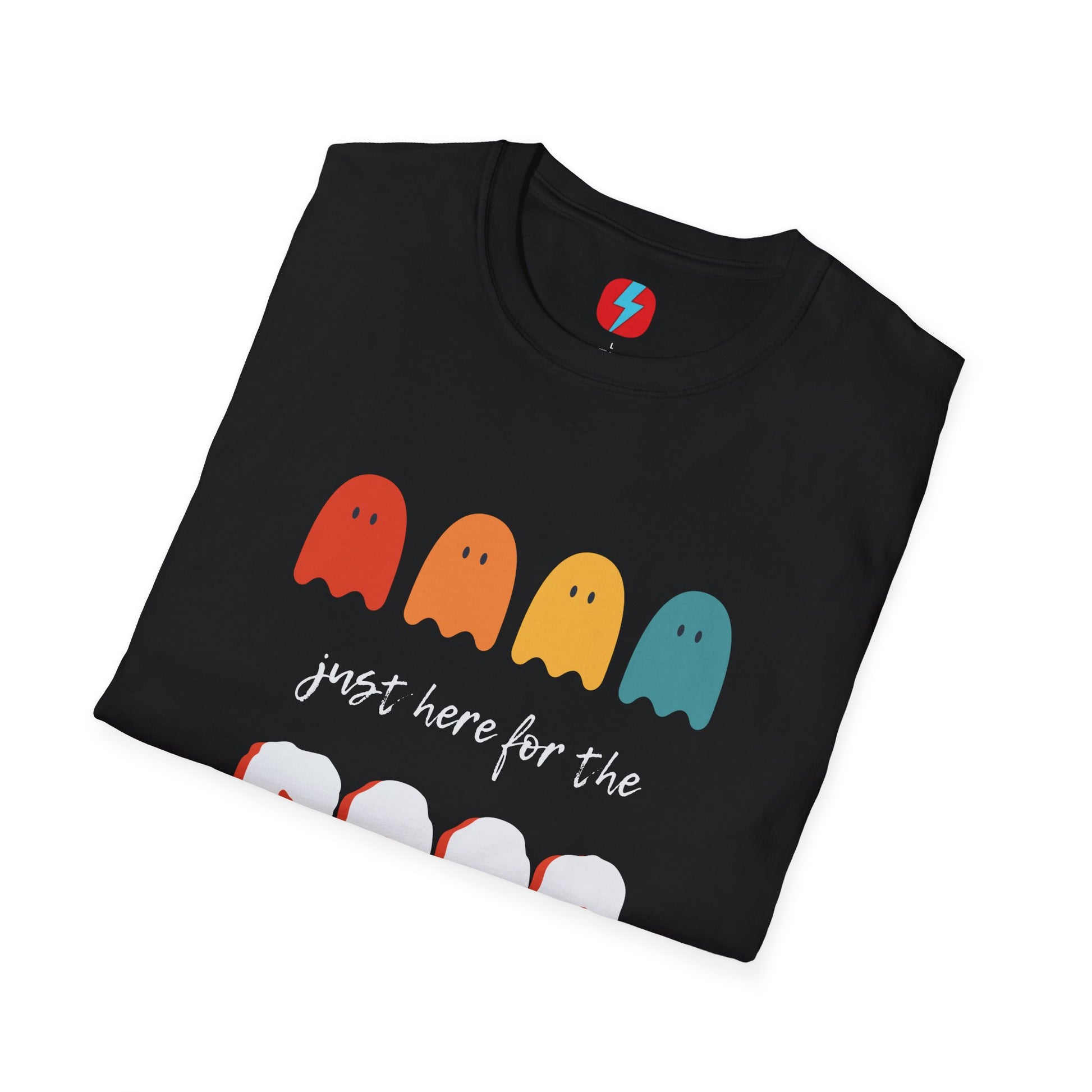 The "Just Here for the Boos - Halloween - Unisex Softstyle T-Shirt" by Printify is a blue, unisex tee with a playful Halloween theme. It features four ghost icons in red, orange, yellow, and green, followed by the text "just here for the BOOS" with "BOOS" styled in a bold and spooky font. Perfect for embracing the spooky season!