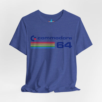 The 1980s Commodore 64 Computer C64 Unisex Jersey Short Sleeve Tee from Printify features a green T-shirt adorned with a vintage design showcasing the text "Commodore 64" and multicolored horizontal lines next to it. The word "Commodore" is emblazoned in blue alongside the Commodore logo, while the number "64" is also highlighted in blue on the right. Ideal for any retro tech enthusiast, this shirt is displayed against a white background.