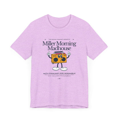 This Printify unisex jersey short sleeve tee in Sand Dune features a playful boombox cartoon character with arms, legs, and sunglasses. Emblazoned with "Miller Morning Madhouse," it highlights podcast details from "The School Podcast Presents.