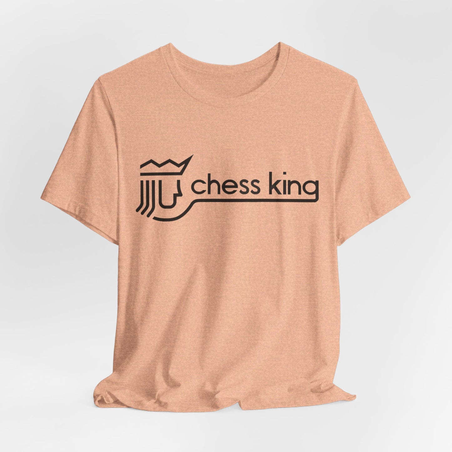 A unisex jersey short sleeve tee from Printify, featuring the Chess King 1980's Clothing Store Logo with a black, stylized king chess piece and the words "Chess King" on a blue background, reminiscent of retro 80s fashion.