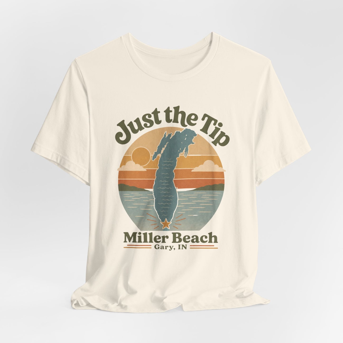 Just the Tip 2026 Design Miller Beach Tee  — Retro Lake Michigan Sunset T‑Shirt