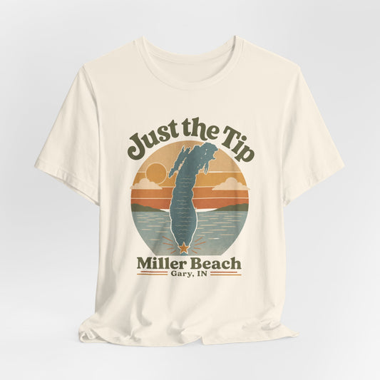 Just the Tip 2026 Design Miller Beach Tee  — Retro Lake Michigan Sunset T‑Shirt