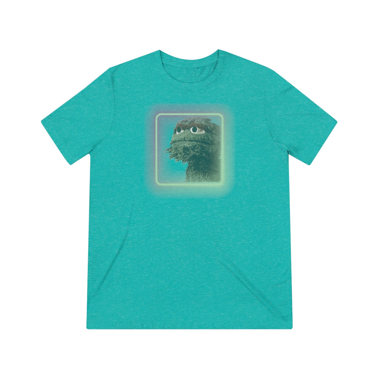 Introducing the Oscar the Grouch Unisex Triblend Tee by Printify: This red triblend t-shirt features a green puppet character with expressive eyes, framed by a glowing, square-shaped rainbow border. With its simple and casual design, free of any additional text or graphics, this tee offers the perfect blend of style and durability thanks to its polyester construction.