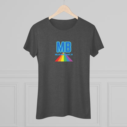 The Miller Beach Pride - Women's Triblend Tee by Printify is a dark gray, cozy t-shirt with a vintage look, featuring the text "MB" in large blue letters at the center. Below the letters, there is a rainbow-colored triangular design with "Millions & Binary, Inc." written in smaller text under the rainbow triangle.