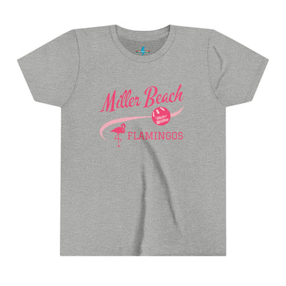 The Printify Miller Beach Flamingos WWBC - Youth Short Sleeve Tee is a fun, beach-themed pink T-shirt featuring "Miller Beach Flamingos" in bold pink script at the top. It includes a flamingo graphic on the left with the text "FLAMINGOS," and a pink beach ball on the right with "Oh What Fun!" written inside. Perfect for youthful custom wear.