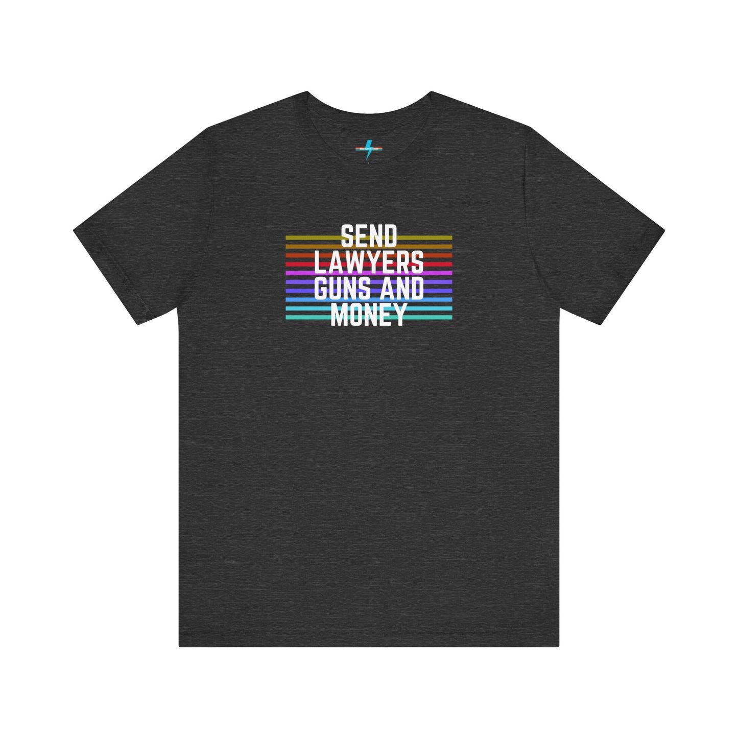 A folded Send Lawyers, Guns, and Money - Retro - Unisex Jersey Short Sleeve Tee by Printify, featuring colorful horizontal stripes and bold white text reading "SEND LAWYERS GUNS AND MONEY" in the center, as a classy tribute to Warren Zevon.