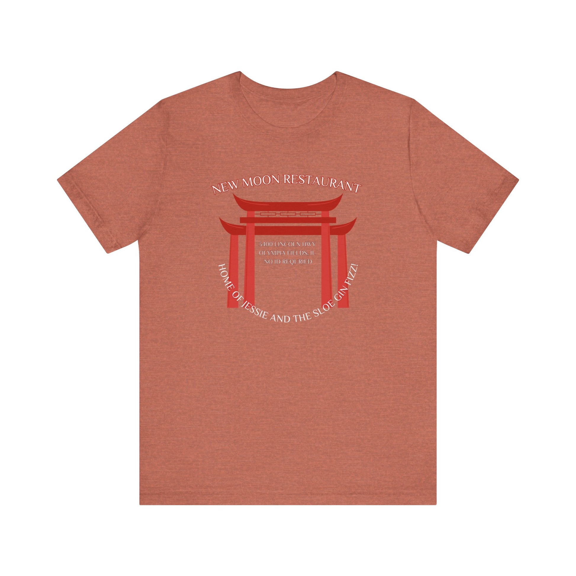 The New Moon Restaurant - Olympia Fields 1980s Retro Unisex Jersey Short Sleeve Tee by Printify is a nostalgic black jersey that features a red torii gate graphic with the text "New Moon Restaurant" at the top. Below the gate, it reads "Home of Tessie and the Slo Poke Mai Tai," along with the address "8400 Lincoln Blvd, Olympia Fields, IL.