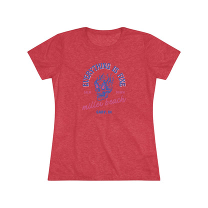 Introducing the Miller Beach - Everything is Fine - Calm Down Women's Triblend Tee by Printify – a dark gray, relaxed-fit shirt adorned with a neon blue and pink flaming skull at its center. Above the skull, the text reads "Everything is Fine" and "Calm Down," while below it says "Miller Beach, Gary, IN" in a stylish script font. This tee captures a cool vintage aesthetic perfect for casual wear.