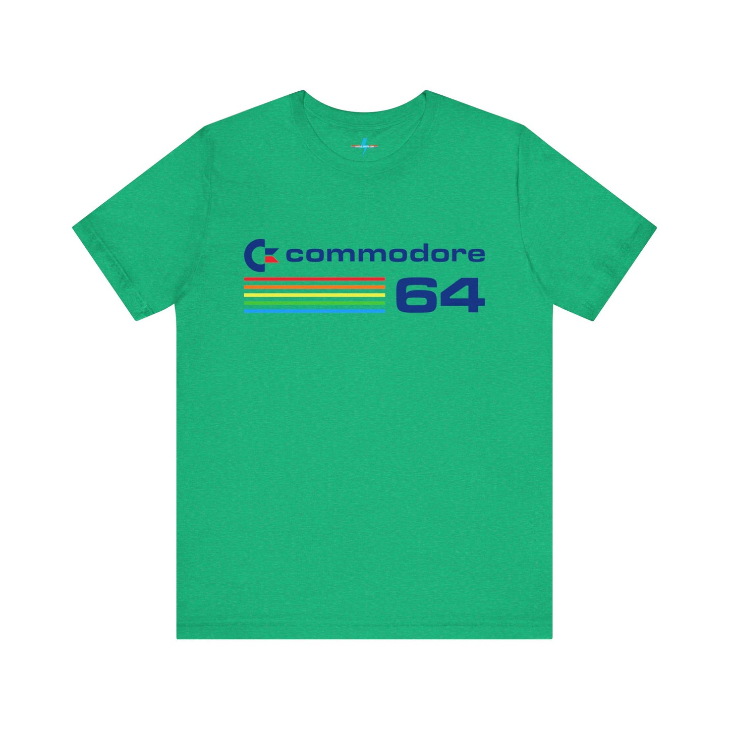 The 1980s Commodore 64 Computer C64 Unisex Jersey Short Sleeve Tee from Printify features a green T-shirt adorned with a vintage design showcasing the text "Commodore 64" and multicolored horizontal lines next to it. The word "Commodore" is emblazoned in blue alongside the Commodore logo, while the number "64" is also highlighted in blue on the right. Ideal for any retro tech enthusiast, this shirt is displayed against a white background.