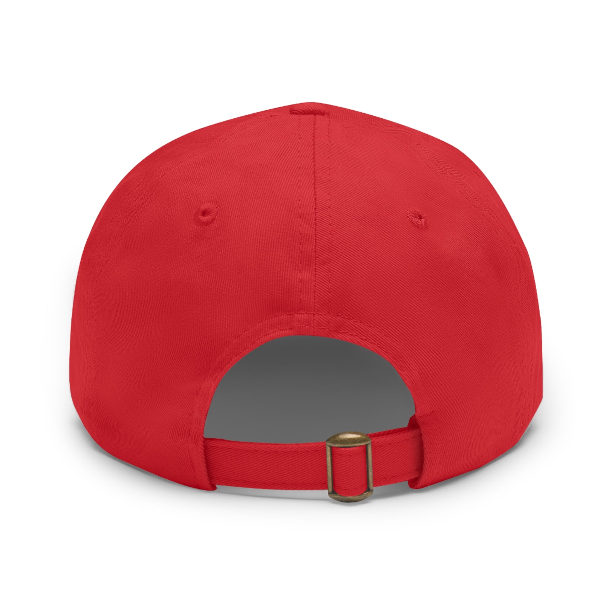 Product Description: The Dad Hat with Leather Patch (Round) - Miller Wiffle Grateful Dead Stealy by Printify is a red baseball cap made from bio-washed chino twill. It features a round PU leather patch on the front, depicting a blue and white wiffle ball above a stylized white skull. The words "Miller Wiffle" are written in white text on the ball. This cap includes a curved brim and ventilation holes on top for added comfort.