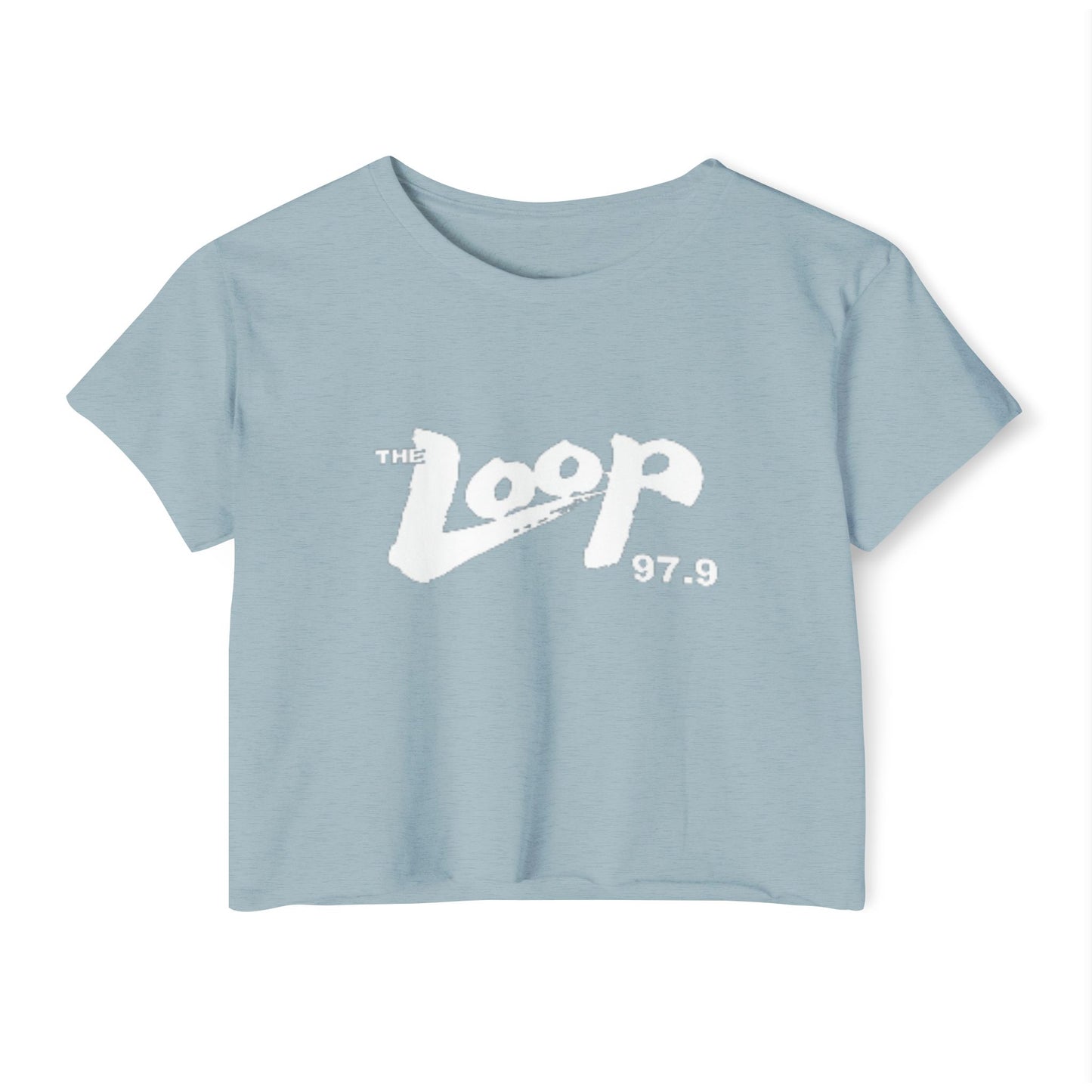 Printify's Women's Festival Crop Top features a grey design with short sleeves and a round neckline. The crop top displays the text "The Loop 97.9" in white, with the word "Loop" styled in a brushstroke-like font—ideal for fans of Chicago’s iconic rock radio station who appreciate retro fashion.