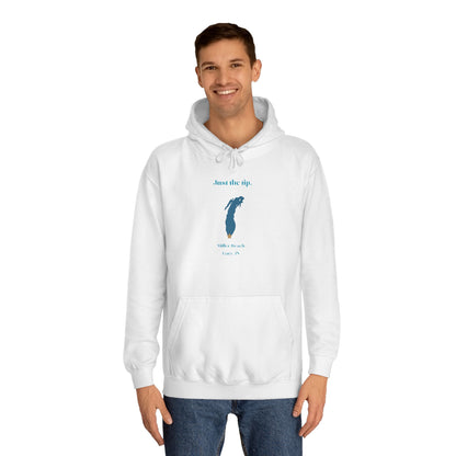 The Just the Tips - Miller Beach Unisex College Hoodie by Printify features a premium tri-blend fabric in dark green, showcasing a minimalist blue outline of a lake with the text "Just the Tip. White Bear Lake, Minn., IN" above it. With its front pocket and drawstring hood, it's an ideal choice for casual strolls at Miller Beach.