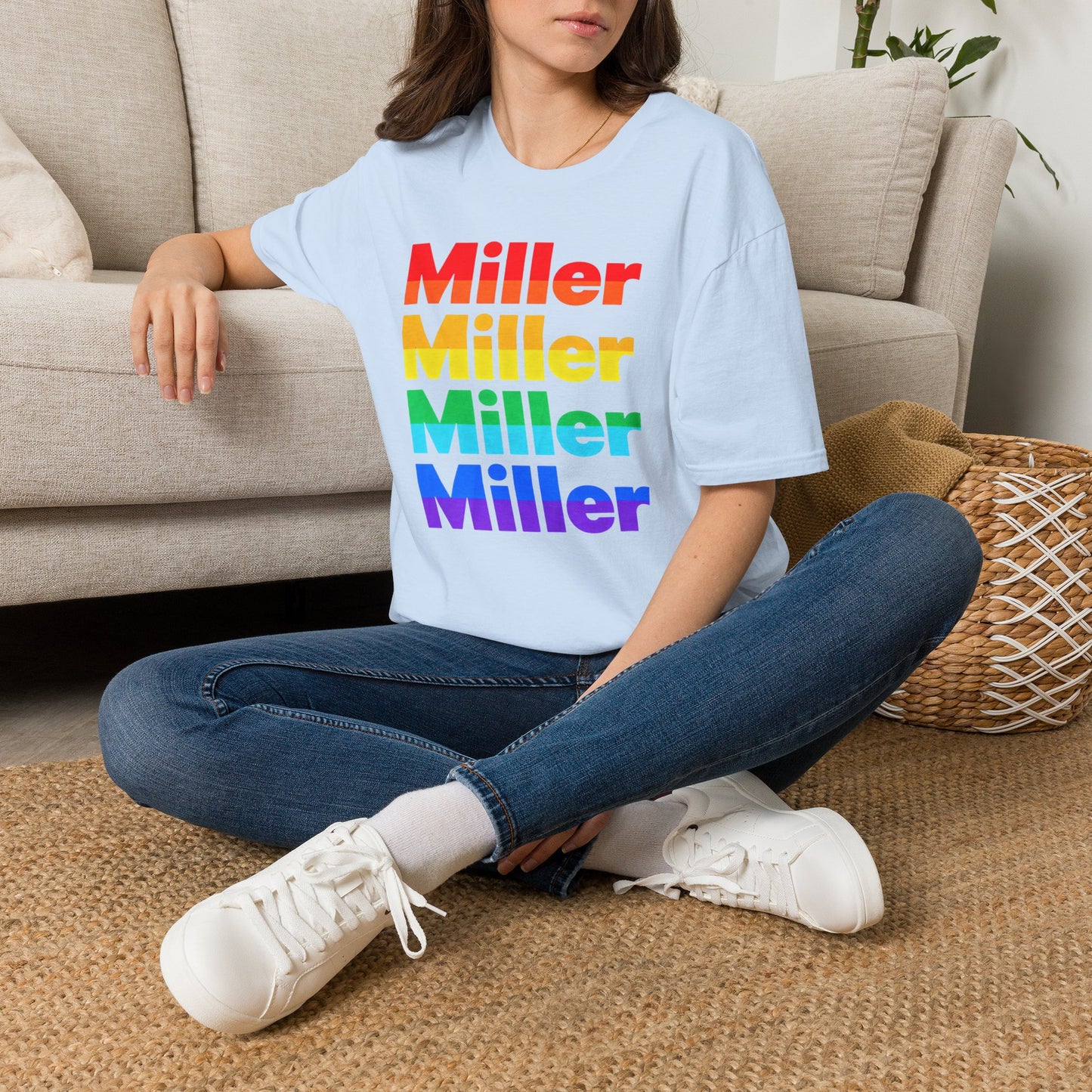 Miller Beach Rainbow Retro Tee — Vintage Stack Name Pride T-Shirt