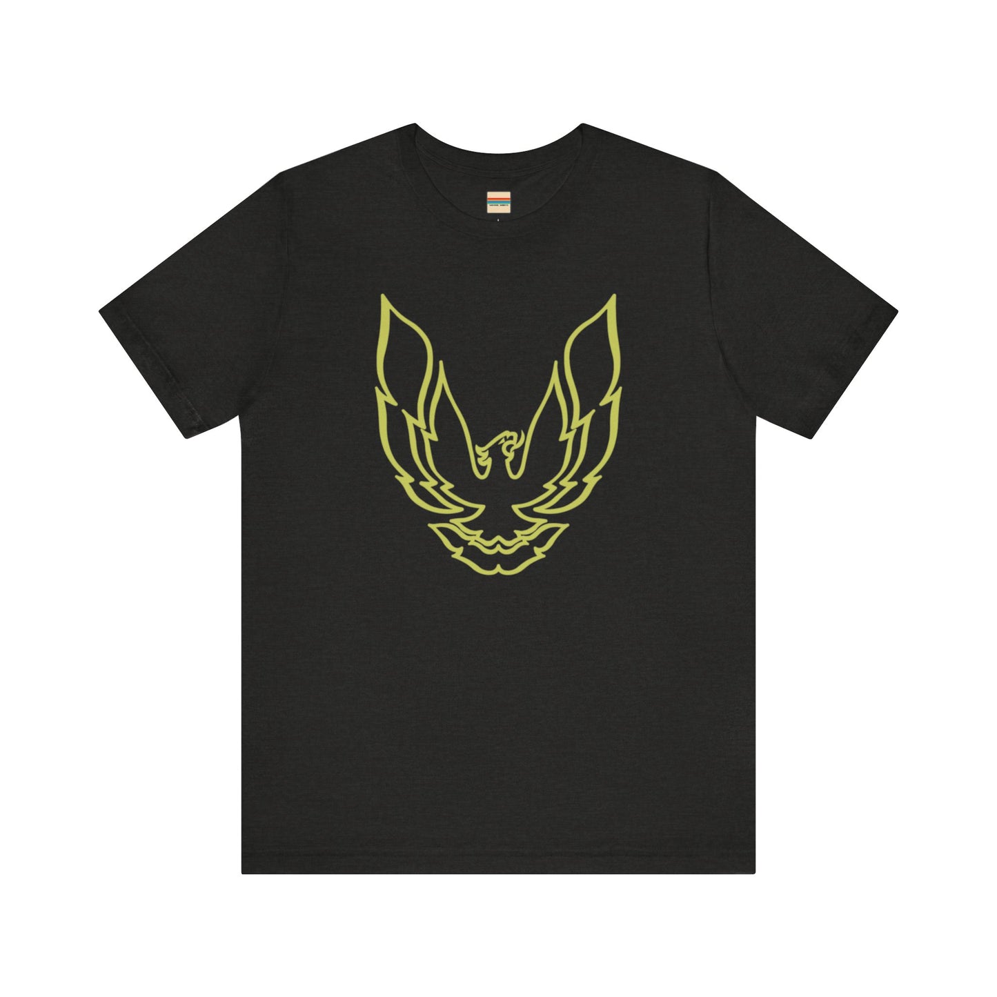 The Pontiac Trans Am Phoenix Shirt - Unisex Jersey Short Sleeve Tee by Printify is a classic black T-shirt that showcases a stylized yellow phoenix design on the front, reminiscent of the iconic Pontiac Trans Am. The shirt is displayed laid flat against a white background.