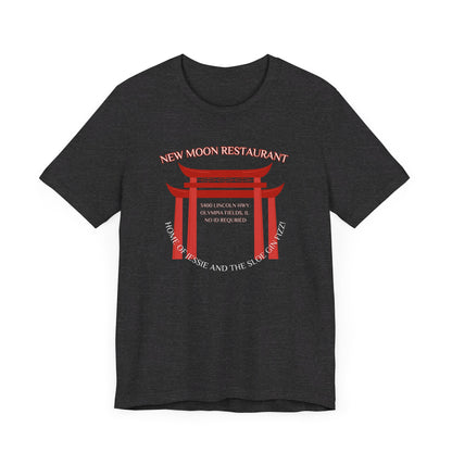 The New Moon Restaurant - Olympia Fields 1980s Retro Unisex Jersey Short Sleeve Tee by Printify is a nostalgic black jersey that features a red torii gate graphic with the text "New Moon Restaurant" at the top. Below the gate, it reads "Home of Tessie and the Slo Poke Mai Tai," along with the address "8400 Lincoln Blvd, Olympia Fields, IL.