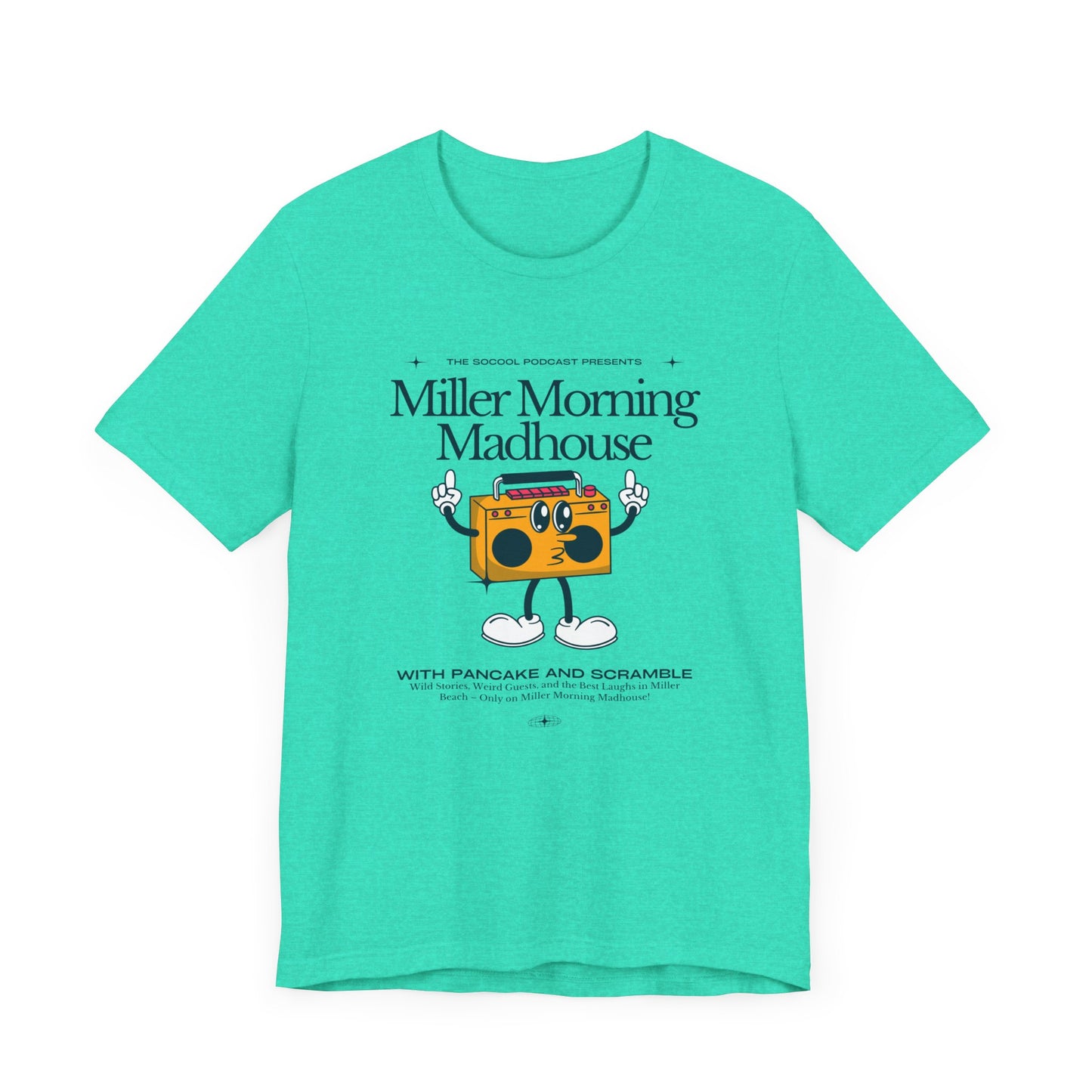 This Printify unisex jersey short sleeve tee in Sand Dune features a playful boombox cartoon character with arms, legs, and sunglasses. Emblazoned with "Miller Morning Madhouse," it highlights podcast details from "The School Podcast Presents.