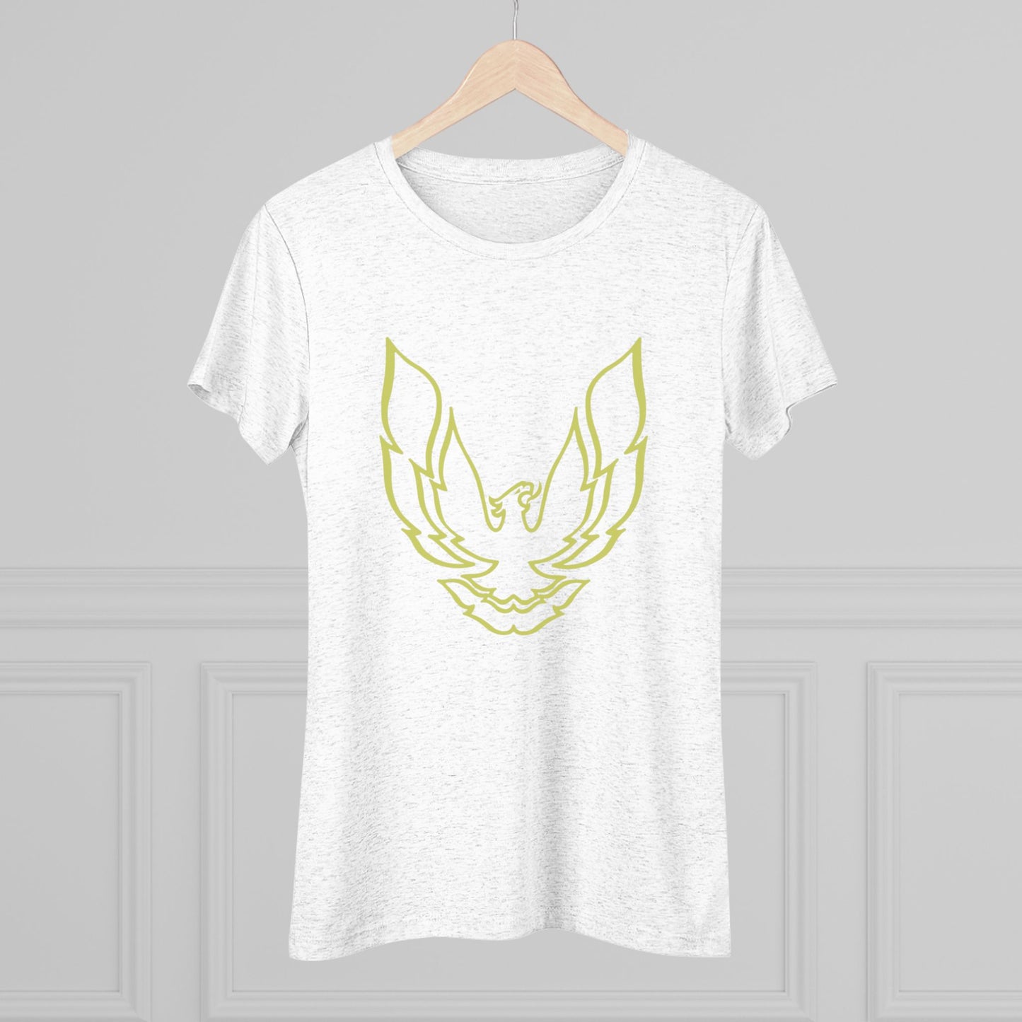 A retro 1970's-inspired red women's triblend tee by Printify, featuring a stylish gold phoenix design on the front. The vibrant, sleek graphic depicts the iconic Trans Am bird with its wings spread upward, giving this cozy t-shirt a bold and dynamic look.