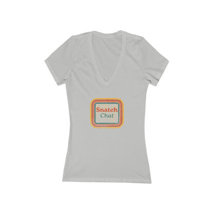 The Printify Snatch Chat Women's Jersey Short Sleeve Deep V-Neck Tee features a vibrant square design on the front with the text "Snatch Chat" inside. This retro-inspired graphic, layered with multiple colors around the text, adds a trendy and playful touch to your wardrobe.