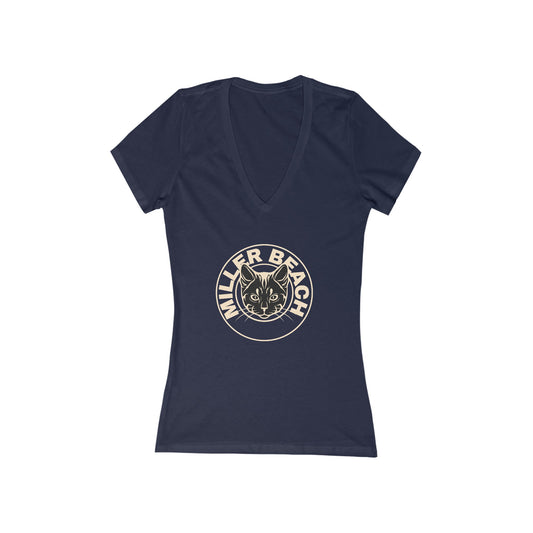 A women's deep V-neck T-shirt from Printify, featuring a dark blue jersey fabric with a custom graphic design of a cat's head encircled within the words "Miller Beach" printed on the chest. The product is named "Miller Beach Cat - Women's Jersey Short Sleeve Deep V-Neck Tee".