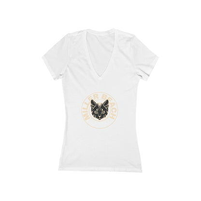 A women's deep V-neck T-shirt from Printify, featuring a dark blue jersey fabric with a custom graphic design of a cat's head encircled within the words "Miller Beach" printed on the chest. The product is named "Miller Beach Cat - Women's Jersey Short Sleeve Deep V-Neck Tee".