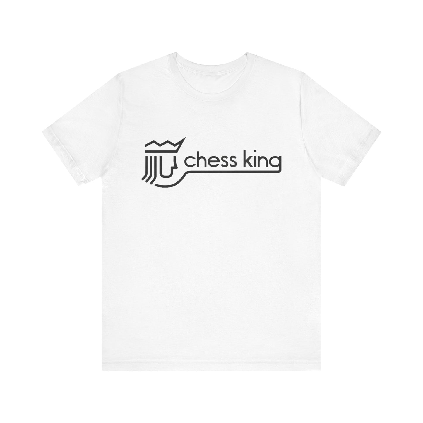 A unisex jersey short sleeve tee from Printify, featuring the Chess King 1980's Clothing Store Logo with a black, stylized king chess piece and the words "Chess King" on a blue background, reminiscent of retro 80s fashion.