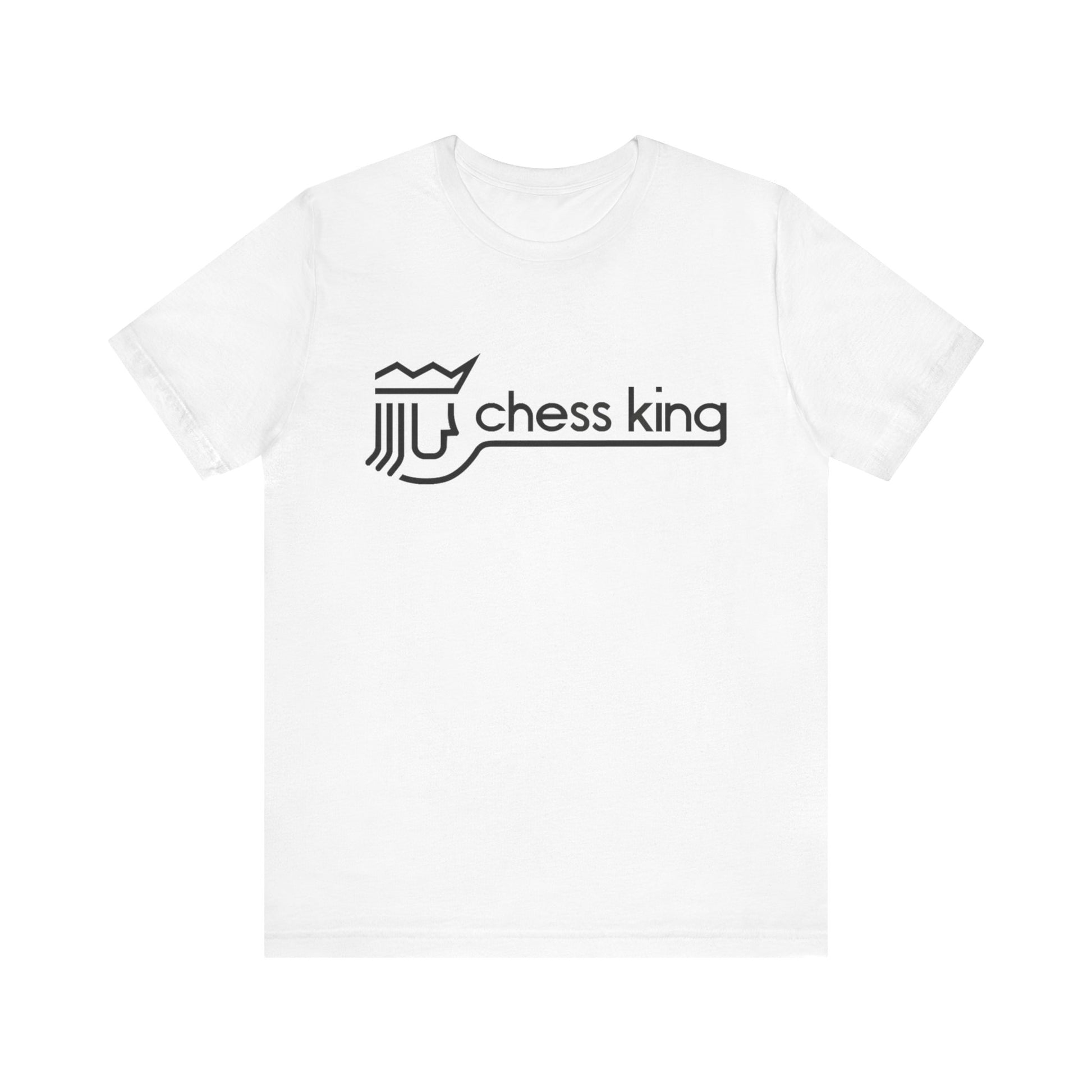 A unisex jersey short sleeve tee from Printify, featuring the Chess King 1980's Clothing Store Logo with a black, stylized king chess piece and the words "Chess King" on a blue background, reminiscent of retro 80s fashion.